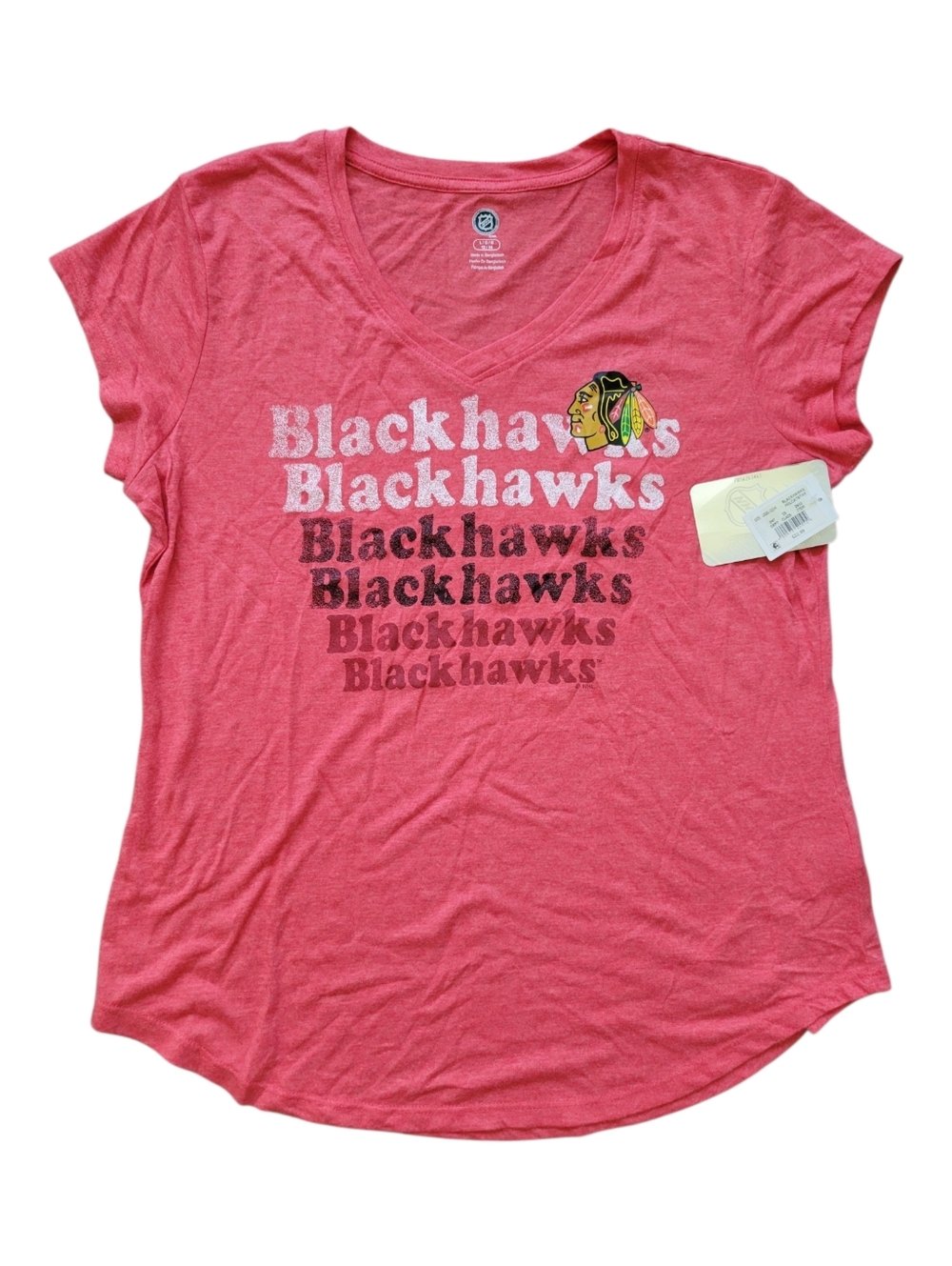 NWT Chicago Blackhawks NHL Hockey Short Sleeve T Shirt Womens Red V Neck LG